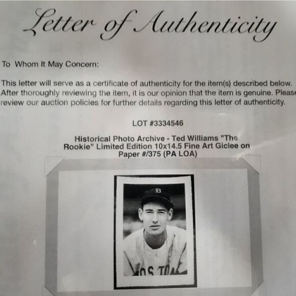 Ted William's "The Rookie" 10x14 Fine Art - Picture 6 of 8